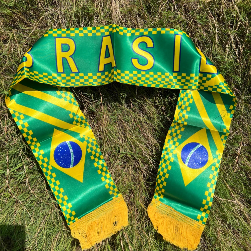 Brazil Scarf 14X130Cm Double Printed Brasil Flag Custom Scarf Football Team Scarf Printing Satin Brazil Banner